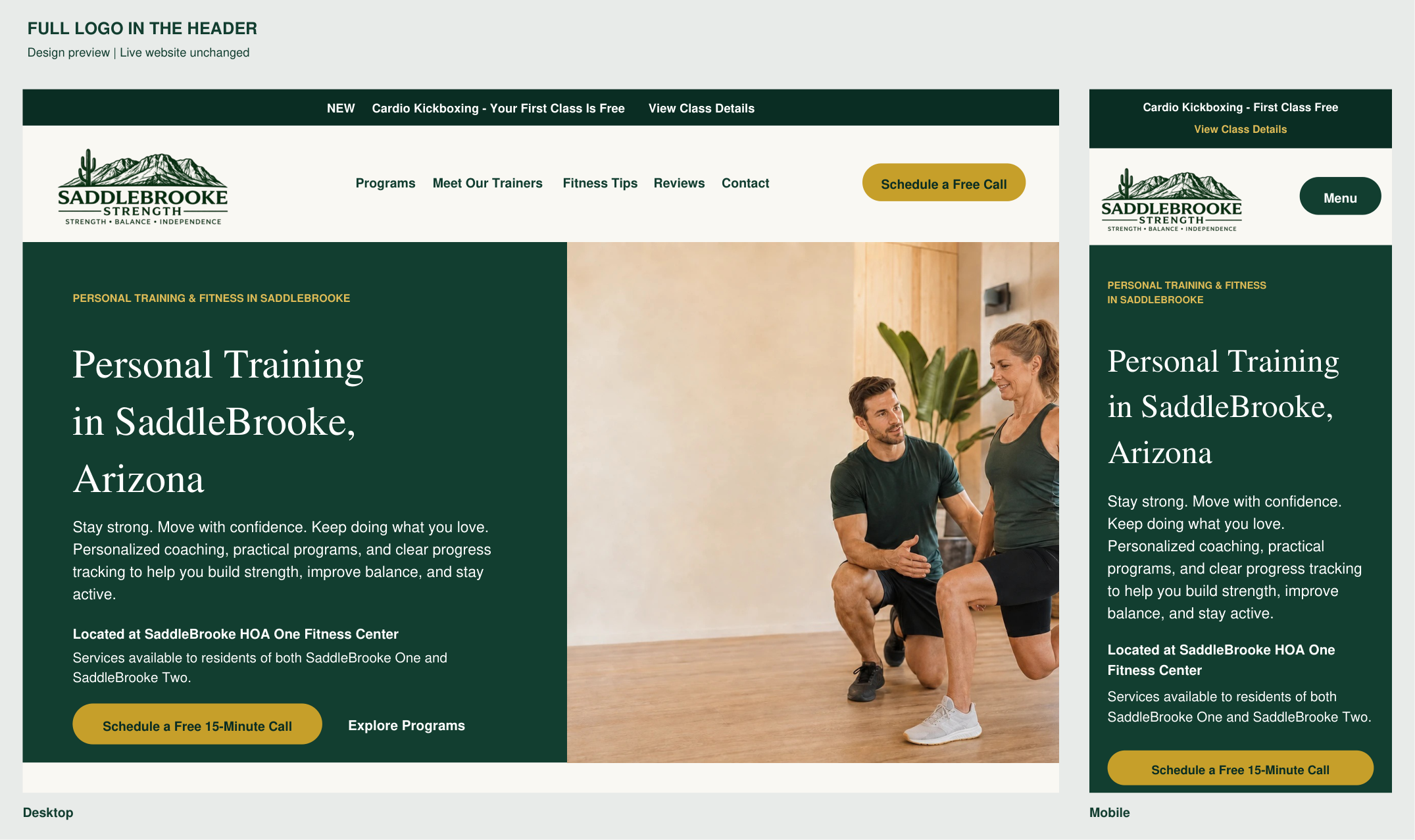 Saddlebrooke Strength website showing its header and personal training homepage